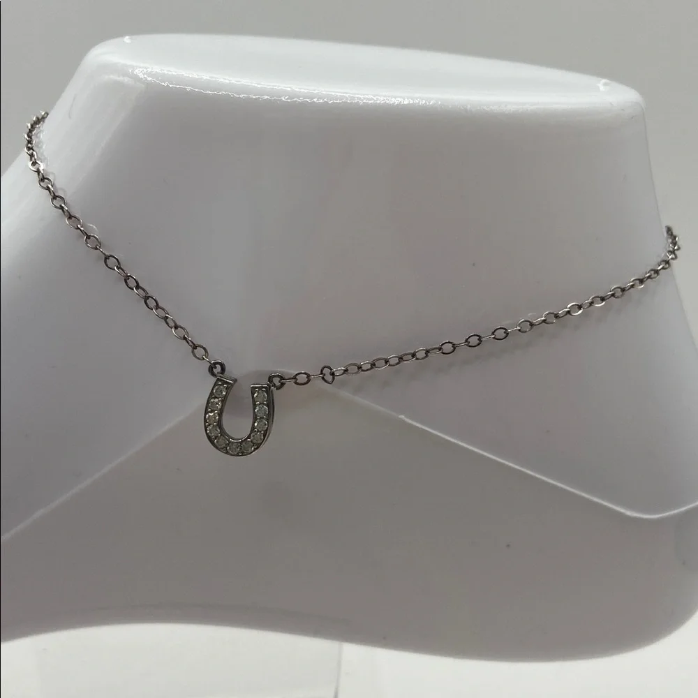 Sterling Silver 925 Simulated Diamond Lucky Horseshoe Ankle Bracelet 9 1/2”L
